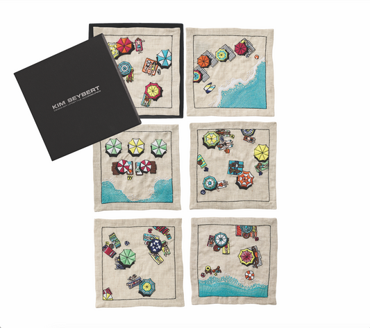 Beach Day Cocktail Napkins in Natural & Multi , Set of 6 in a Gift Box